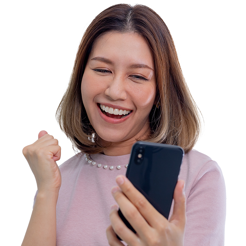 woman holding phone and smiling