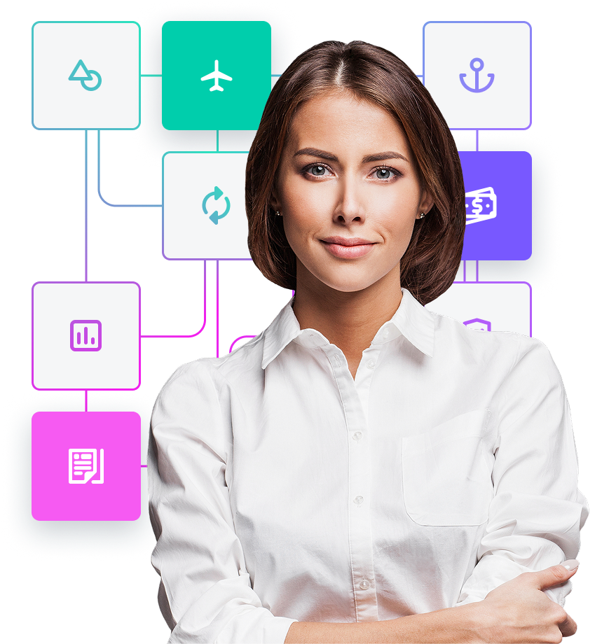 A person wearing a white shirt with various icons related to travel, finance, and data 