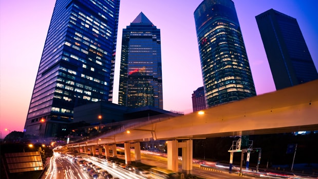 Looking up at skyscrapers