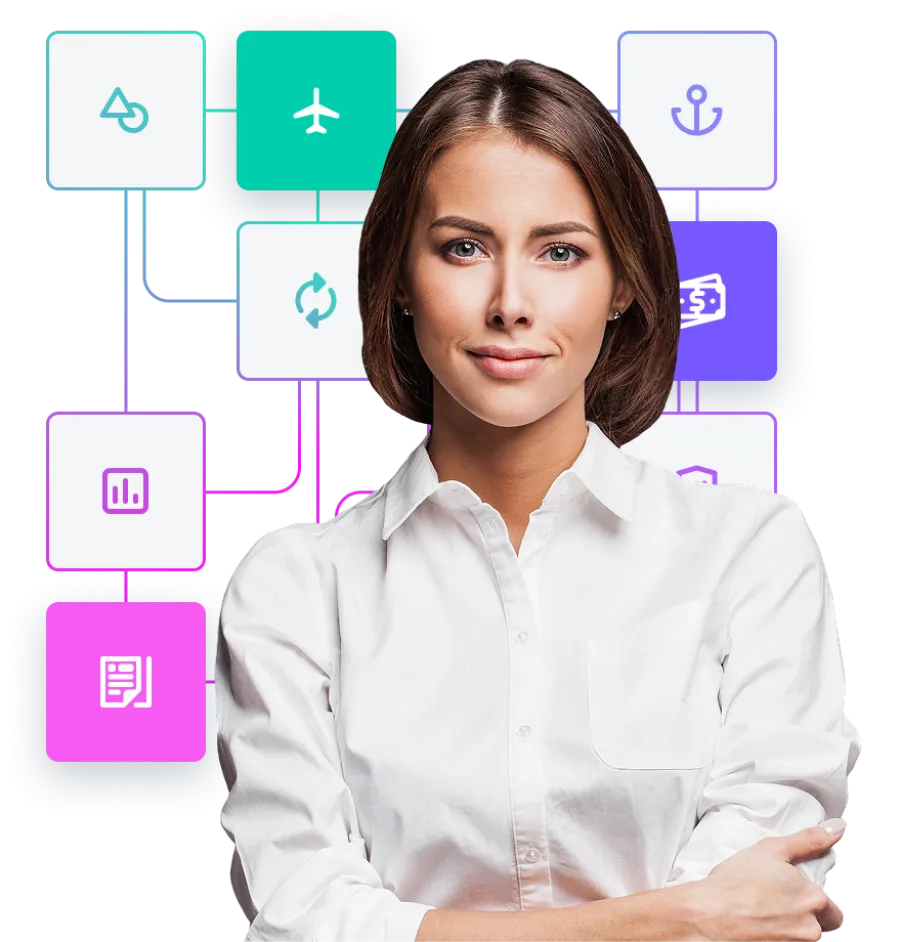 A person wearing a white shirt with various icons related to travel, finance, and data 