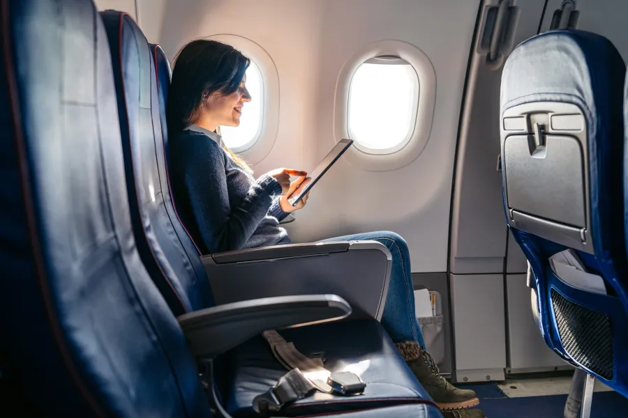 Business professional in airplane seat