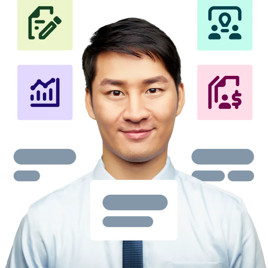 man with icons around