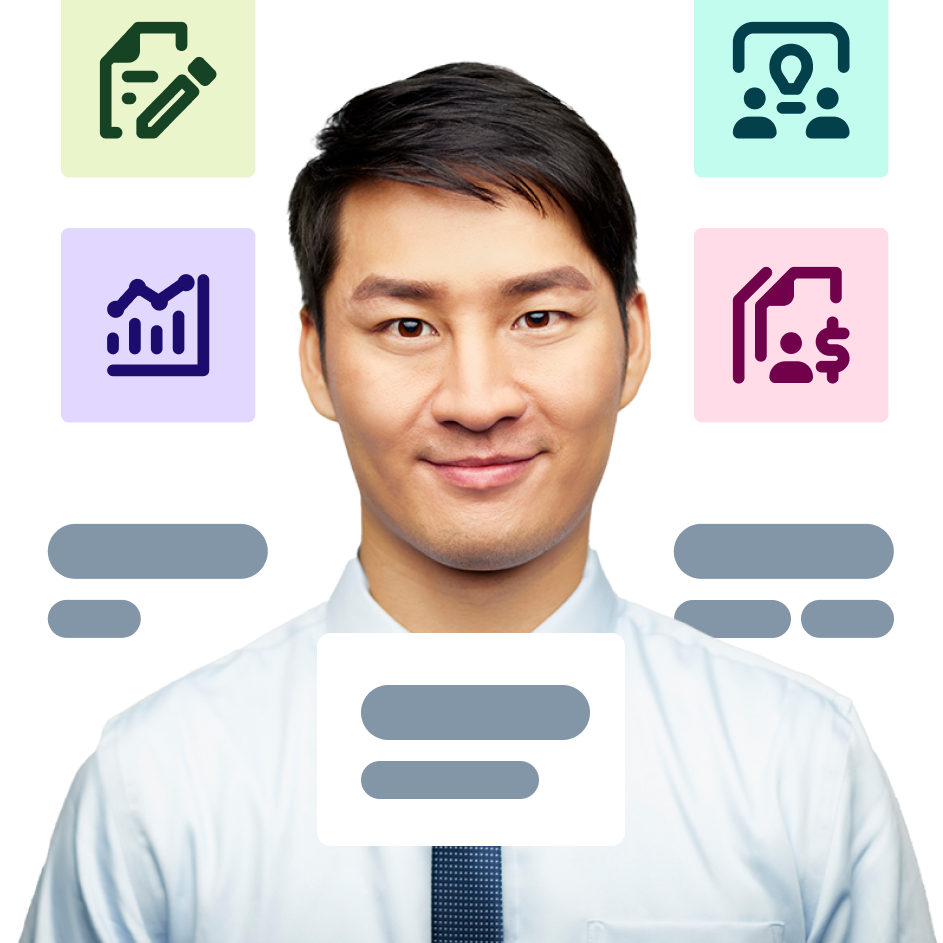 man with icons around