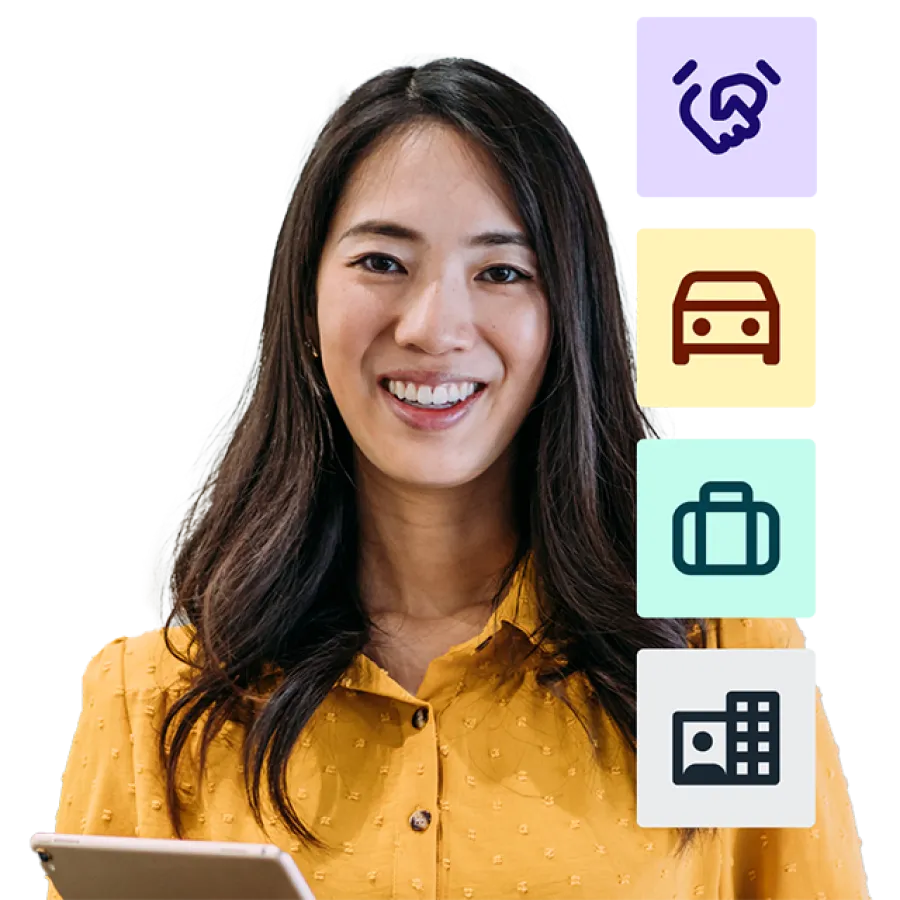 person smiling with icons to side