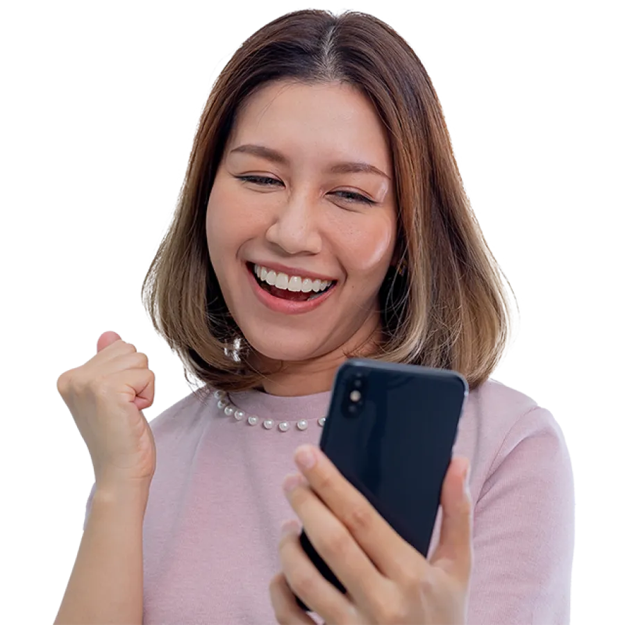 woman holding phone and smiling