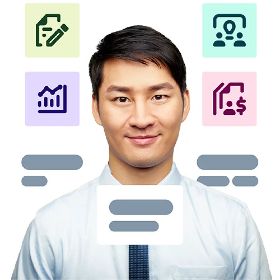 man with icons around