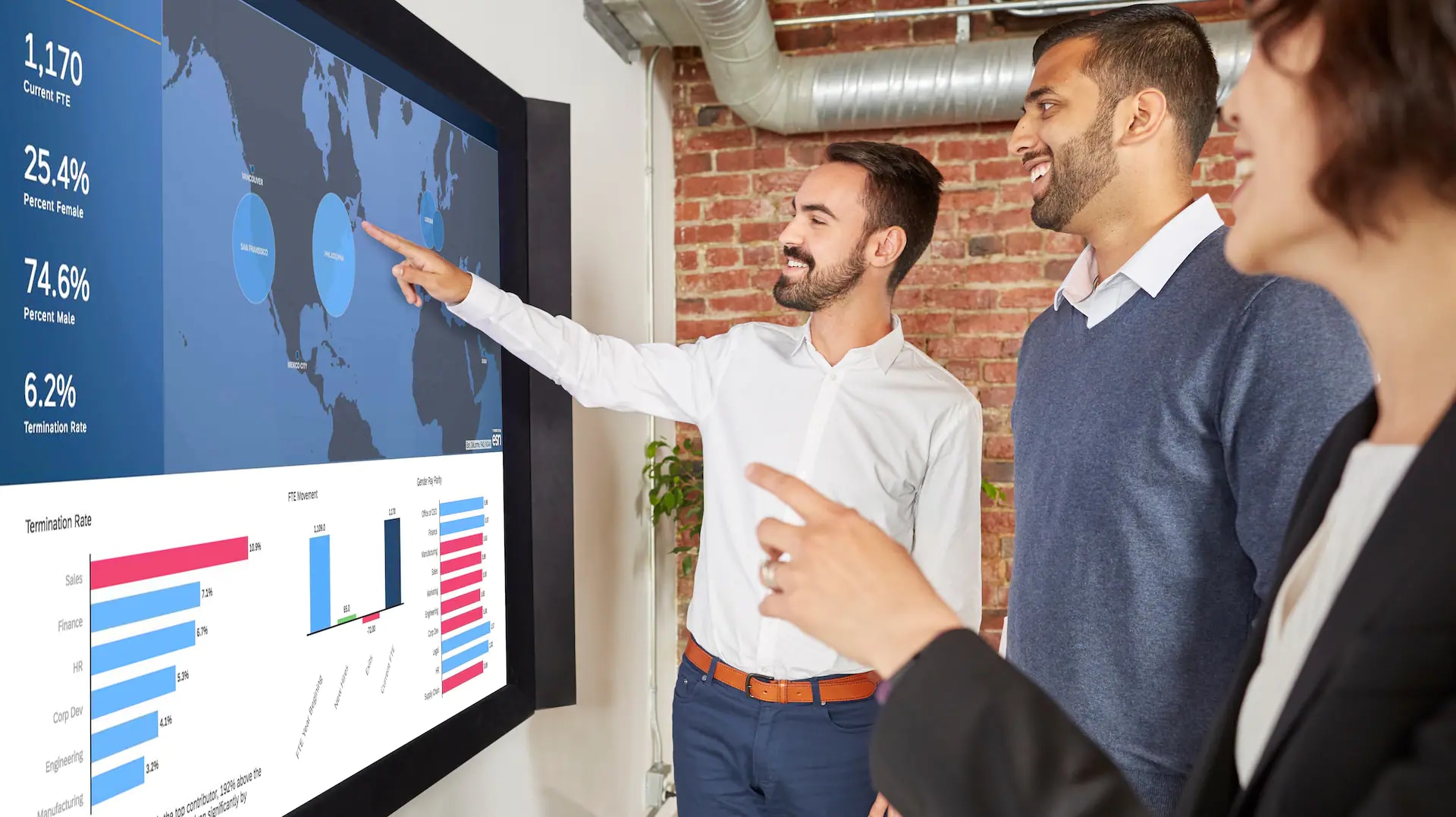 three people looking at data and analytics on large screen