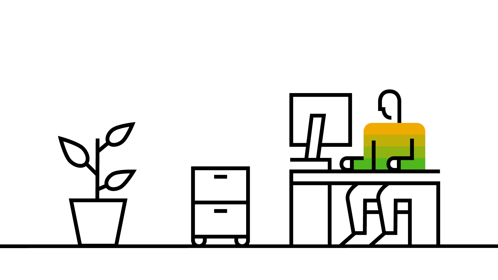 Pictogram of plant, filing cabinet and person sitting at desk